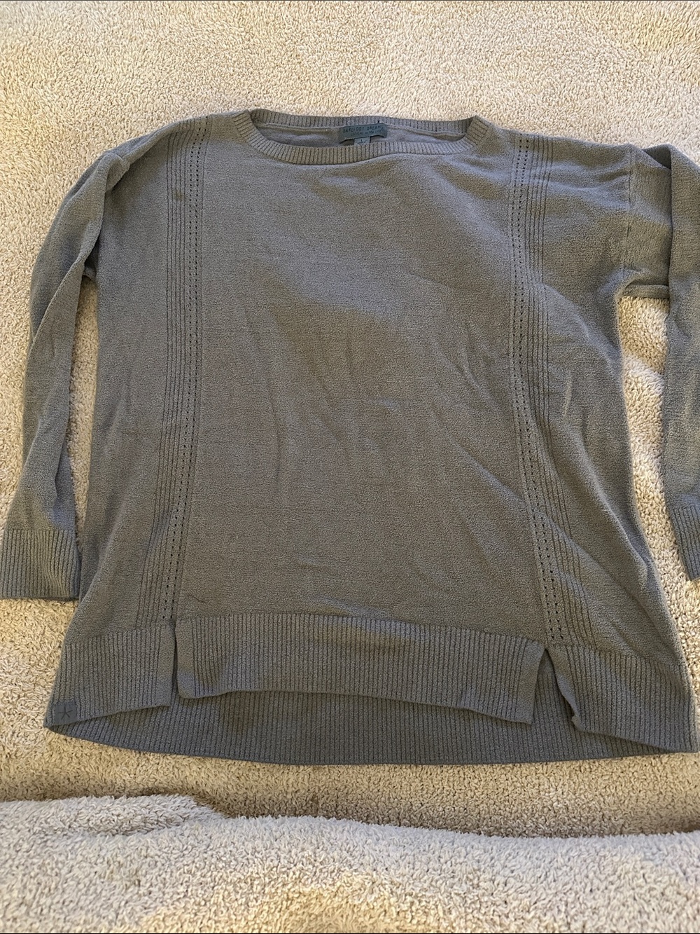 Barefoot Dreams Cozy Chic Ultra Lite Green/Gray Pullover with detail. Lg, EUC